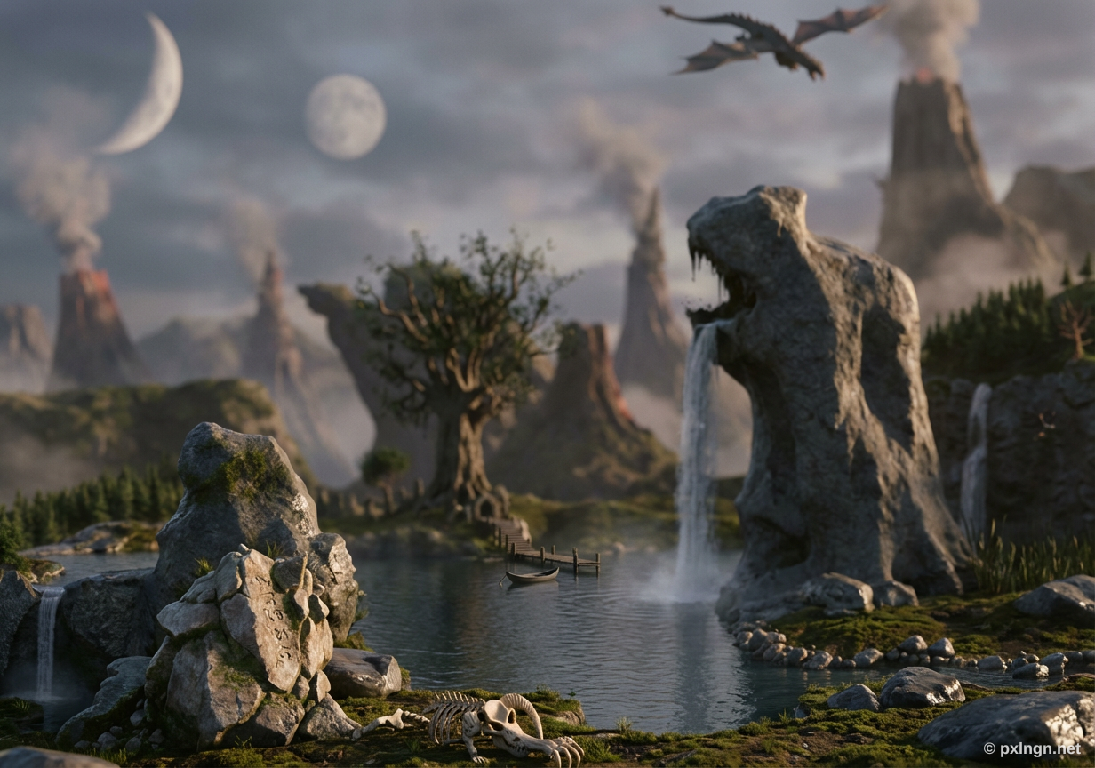 Nachher: Fremdartiger Planet mit zwei Monden, fliegendem Drachen und Tierskelett vor vulkanischer Nebellandschaft
