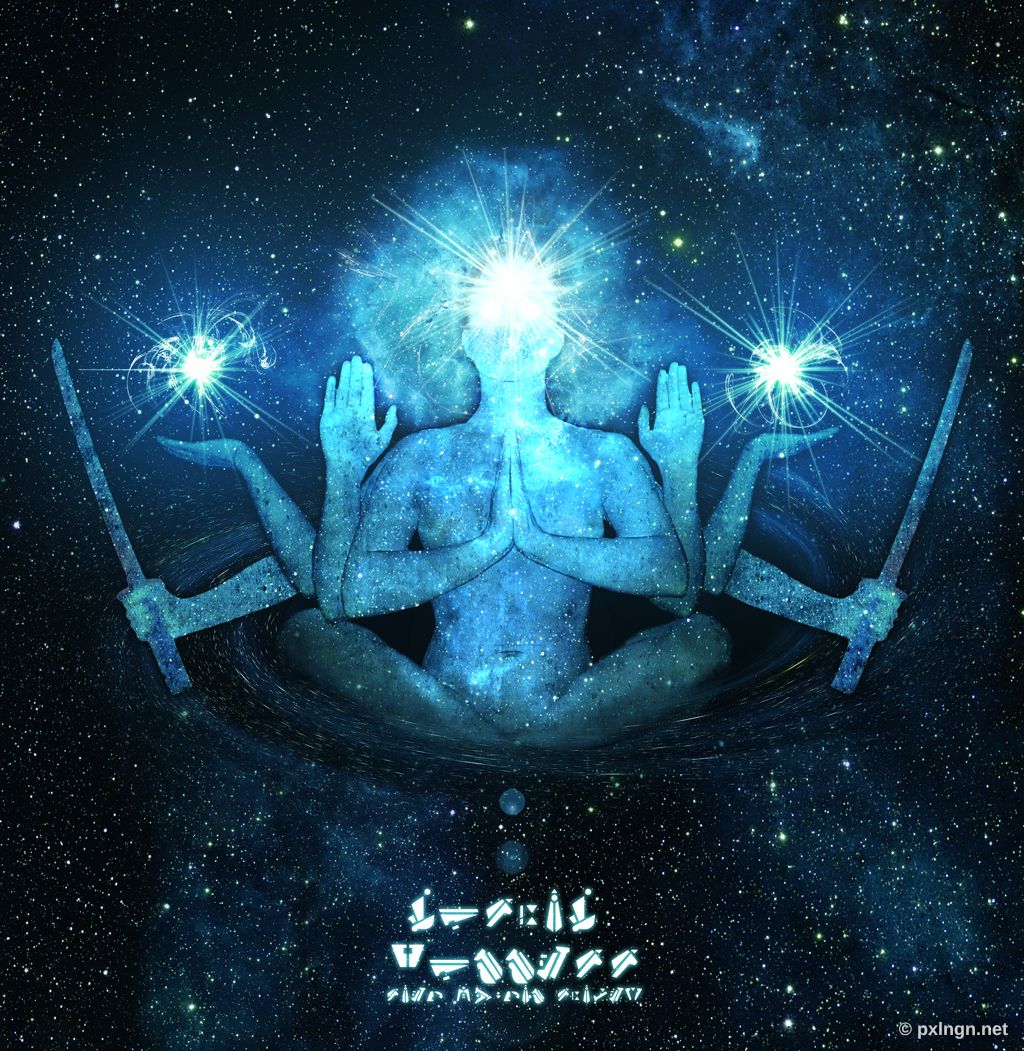 Vorher: Kosmische Göttin mit sechs Armen und zwei Schwertern in Lotus-Meditation, umgeben von Galaxien und Sternennebeln