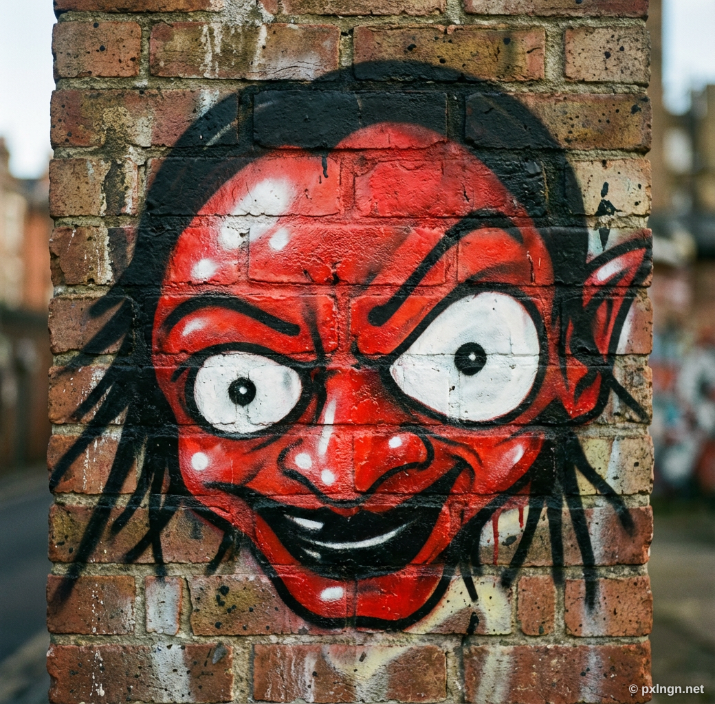Nachher: Roter Dämonenkopf mit runden Augen und breitem Grinsen – vom Skizzenbuch zur Graffiti-Wand