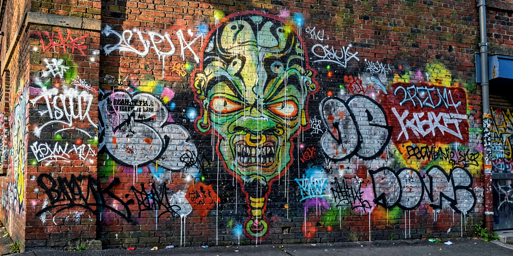 Nachher: Dämonenschädel mit runden Kulleraugen und breitem Grinsen – vom Schulheft zur Graffiti-Wand
