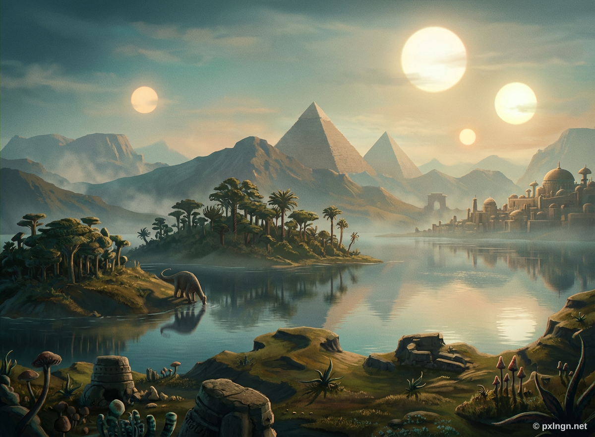 Nachher: Fantasyplanet mit Pyramiden, Doppelmonden und schwebenden Inseln über einem nebligen See