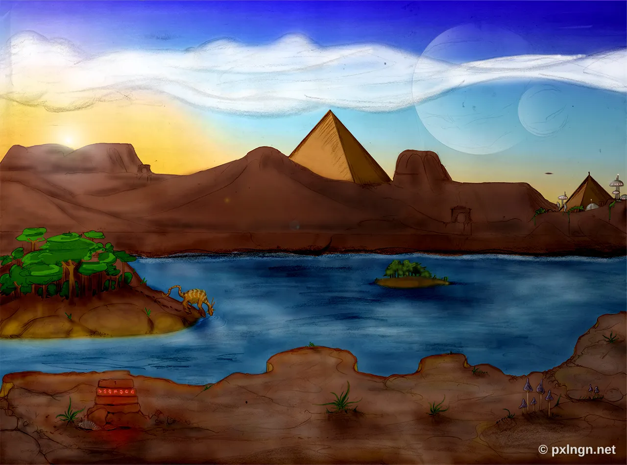 Vorher: Fantasyplanet mit Pyramiden, Doppelmonden und schwebenden Inseln über einem nebligen See